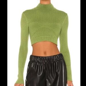Green Ribbed Long Sleeve Crop Top